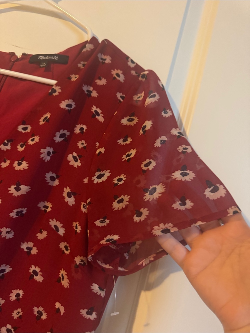 Madewell Wrap-Front Mini Dress sheer sleeves red Floral Size 10 cottagecore - Picture 4 of 6